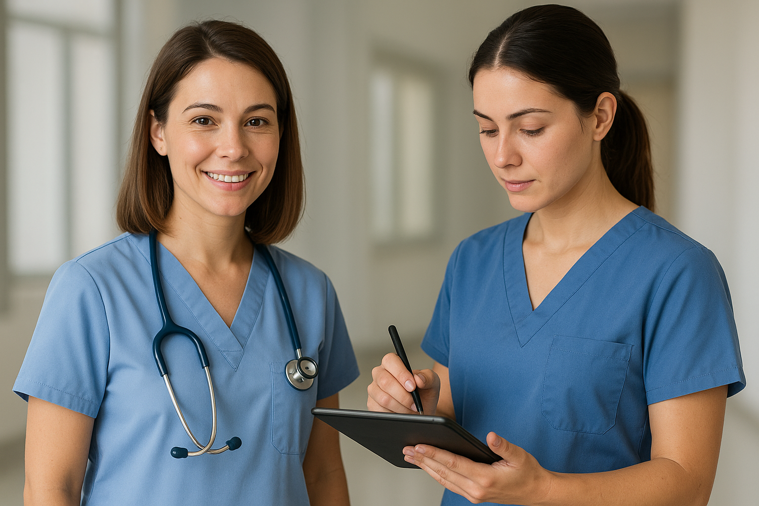 an image of a nurse with stethoscope while second nurse has an ipad taking notes.